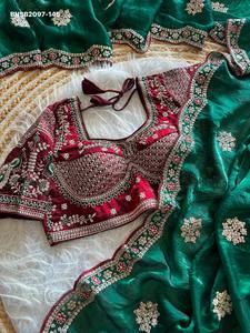 Premium Collection Fancy Satin Silk with Sequence work Butta All-Over & Multi-Thread Border <b>Saree</b>-<b>Readymade</b> <b>Blouse</b> Woman Fashion - Product Image 6