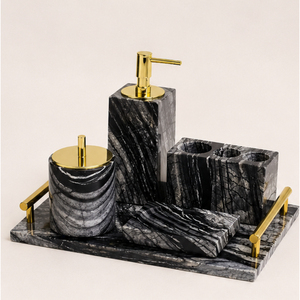 Ensemble d'accessoires de salle de bain en marbre noir naturel au design moderne avec accents en laiton doré, distributeur de savon, porte-brosse à dents, porte-savon - Product Image 3