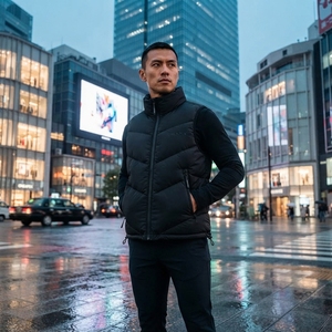 Veste sans manches noire matelassée pour homme, col montant, fermeture éclair, hiver, streetwear, vêtements personnalisés, marque privée, OEM - Product Image 5