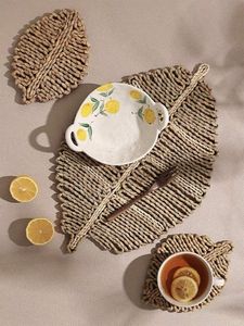 Bohemian Leaf Shape Handmade Woven <b>Rattan</b> Coaster Natural Heat Insulation <b>Table</b> Mat Coffee Cup Boho <b>Dining</b> Kitchen Home Decor - Product Image 3