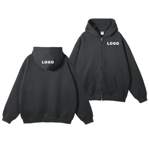 Men's Oversized <b>Zip</b>-Up <b>Hoodie</b> Solid Black Cotton French Terry Breathable Casual Streetwear with Front Logo <b>Pocket</b> Design - Product Image 5