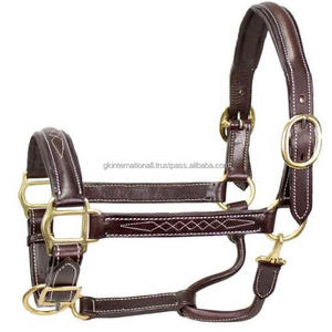 Cabestro de caballo de cuero marrón cosido, lujo, con relleno ultra suave y hebilla de latón sólido resistente, equipo de caballo - Product Image 1