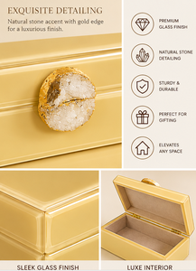 Coffret de rangement pour bijoux en verre jaune miel avec accent en agate naturelle, bordure dorée, finition brillante, organisateur décoratif pour souvenirs - Product Image 5
