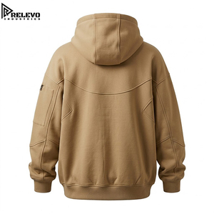High Quality Men Oversized Khaki Camel Full-<b>Zip</b> Heavyweight <b>Hoodie</b>, Technical Tactical Utility Fleece <b>Hoodie</b> with Zipper <b>Pocket</b> - Product Image 2