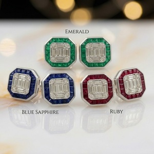 Pendientes de Oro Blanco de 18K con Zafiro Azul Natural y Diamantes Baguette Cuadrados con Halo, Estilo Art Deco Vintage para Banquetes de Negocios de Alta Gama - Product Image 3