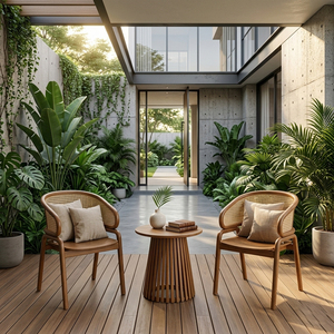 Ensemble de salon et mobilier de patio en teck massif de luxe moderne, finition naturelle, comprenant table basse à lattes Nusa et fauteuils incurvés, pour commande en gros - Product Image 6