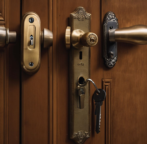 Ensembles de serrures en laiton antique avec plaques décoratives et clés squelette sur une porte en bois, disponibles à prix de gros. - Product Image 1