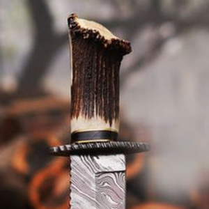 Silver Damascus Pattern Hunting Bowie Knife with Brown Antler Style Handle Fixed Blade <b>Outdoor</b> Camping Survival Knife with Metal - Product Image 3