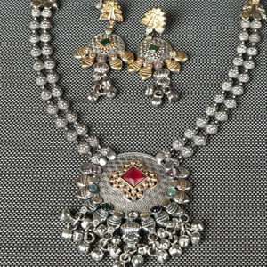 Collar antiguo de dos tonos chapado en oro y plata con pendientes colgantes, conjunto de joyería india para boda - Product Image 1