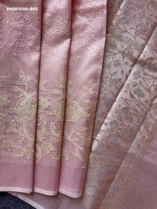 Best Fabric Banarasi Checks with Embroidery Floral Applique work-Rich Zari Woven Pallu with Tassels <b>Saree</b>-<b>Blouse</b> Indian Exporter - Product Image 3