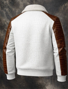 Veste pour homme en cuir de vachette gaufré et plaqué, col montant, logo frontal, pour l'hiver - Product Image 6