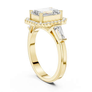 Anillo de compromiso y boda con halo de oro macizo de 14k, esmeralda de 2 quilates certificada por IGI y diamantes de laboratorio con corte baguette cónico para mujer - Product Image 3
