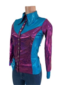 Camisa Brillante de Cintura Alta Estilo Western para Mujeres y Niñas, Color Rosa Metálico y Verde Azulado, Ligera, Transpirable, con Cierre de Botones - Product Image 3