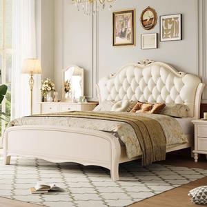 European Luxury Style Mahogany Wood Cream King Size Bedroom Set Tufted Upholstered Headboard Storage High-End Quality Hotel - Product Image 3