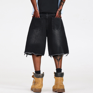 Pantalones Cortos Bermuda de Mezclilla Negros para Hombre con Bordado Floral, Dobladillo Desgarrado, Estilo Urbano, Algodón Tejido, Cintura Media, Cierre de Botones - Product Image 4