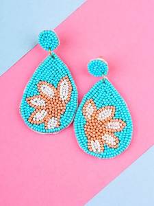Boucles d'oreilles en perles de rocaille faites à la main ALI FASHION ART, motif floral bleu, bijoux de fête pour femmes, polyester - Product Image 2