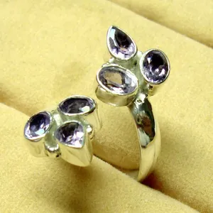925 Sterling Silver Amethyst Gemstone <b>Ring</b> Set Handmade Jewelry Purple Faceted Stones Leaf Design Elegant <b>Statement</b> <b>Rings</b> - Product Image 1