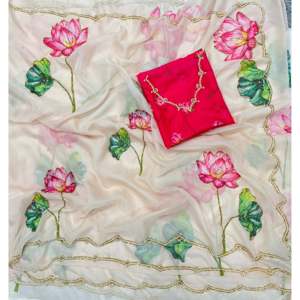 Sari sin coser con estampado floral de diseño blanco de Nice Creation para bodas y fiestas - Bellamente elegante - Product Image 5