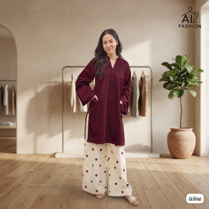 Kurti color vino con pantalones palazzo con estampado de corazones, corte holgado, largo hasta el tobillo, estilo casual indio-pakistaní para todas las estaciones. - Product Image 1