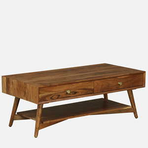 Table basse en bois de manguier de style moderne du milieu du siècle, avec deux tiroirs, de petits boutons en laiton et une étagère inférieure pratique. - Product Image 2