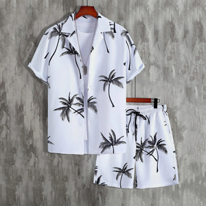 Ensemble décontracté homme été Hawaï tendance imprimé 100% fibre de bambou écologique tissé 370g – Short et chemise motif palmier floral plage - Product Image 4