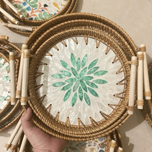Rattan Trays with mother of pearl inlay eco rattan and shell material for serving tray and home display Vietnam - Product Image 3