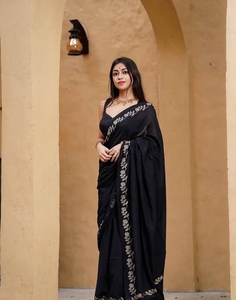 Sari Tradicional KV de Lino Negro Estampado con Diseño Reversible Antiarrugas de Secado Rápido para Fiestas de Otoño, Blusa Sin Coser - Product Image 2
