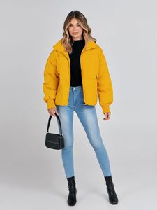 <b>Women's</b> <b>Mustard</b> Yellow <b>Coat</b> Crop Length Hooded Zipper Closure Casual Winter Outerwear Standard Waterproof Polyester Fiber Filled - Product Image 6