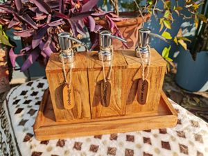 Wooden <b>Bathroom</b> <b>Dispenser</b> <b>Set</b> Four-Piece Rectangle Minimalist Style With Pump Tops For Shampoo Conditioner Body Wash - Product Image 4