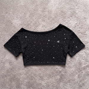 T-shirt court à strass tendance 2026 pour femme, coupe ample, épaules dénudées, élégant et scintillant pour l'été, personnalisable - Product Image 3