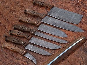 Ensemble de 7 couteaux de cuisine professionnels à lame fixe en acier Damas, faits à la main, à pointe tombante, avec manches en bois, OEM/ODM/OBM - Product Image 5