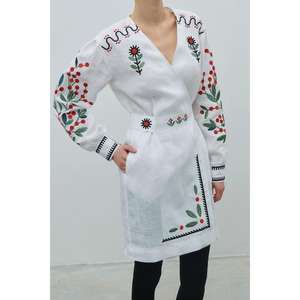 Wholesale <b>Women</b> <b>White</b> Embroidered Wrap Style Midi Kurti Dress Floral Ethnic Tunic with Long Sleeves Eco-Friendly Natural Waist - Product Image 3