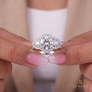 Statement Round Cut Diamond Engagement Ring Pear Cut Side Stones Full Halo Setting Side Micro Pave Band Vintage Ring For <b>Wife</b> - Product Image 1