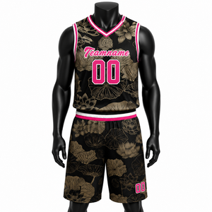 Ensemble de maillots de basket personnalisés unisexe, imprimé floral sublimé, 100% polyester respirant, débardeur à col en V, short à taille élastique - Product Image 1