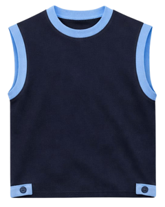 Conjunto de Camiseta sin Mangas y Pantalones Cortos Azul Marino para Hombre, Atuendo Casual de Verano de Algodón, Ribete Azul Cielo, Cordón Ajustable, Dos Piezas, Ajuste Premium - Product Image 1