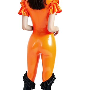 Mono de Mujer Naranja con Recubrimiento de PU, Manga con Volantes, Cuello Alto, Ajuste Ceñido, Manga Corta, Sexy, para Club, Primavera Verano - Product Image 4