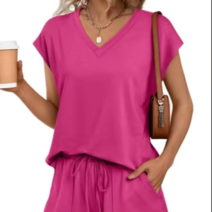 Fabricants et exportateurs ODM de vêtements, ensemble d'été personnalisé pour femmes, ensemble 2 pièces, vêtements d'été, chemise unie en polyester - Product Image 5