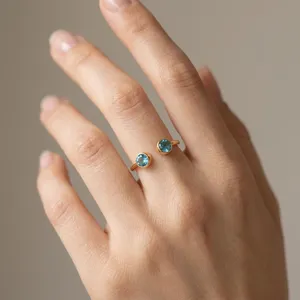 Wholesale Minimalist Style Jewelry Sky Blue <b>Quartz</b> Bezel Setting Double Stone 18k Gold Plated Brass Statement Stylish Fancy <b>Ring</b> - Product Image 2