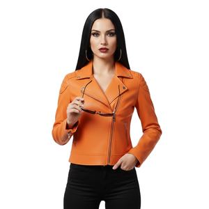 Veste en cuir orange en gros pour femmes, service personnalisé, style moto authentique, manteau pour femmes, usage quotidien, vêtements d'extérieur tendance, approvisionnement - Product Image 1