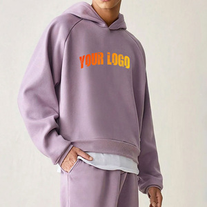 Sudadera con Capucha Oversize para Hombre, Morado Sólido, Algodón French Terry, Casual, con Bolsillo Frontal y Estampado, para Otoño - Product Image 4