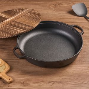 WANGYUANJI Wok in Ghisa da 35 cm con Doppio Manico, Padella Antiaderente per Gas e Induzione, Padella Cinese Spessa per Pancake con Coperchio in Legno - Product Image 2