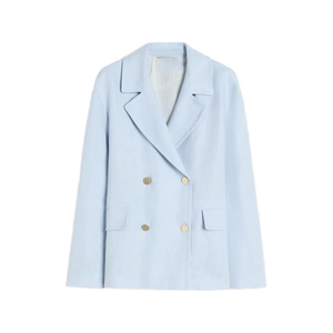 New Women's Light Blue Double Breasted Blazer Gold <b>Buttons</b> Notched Lapel Flap Pockets Elegant Office Wear Formal Sorority Coat - Product Image 1
