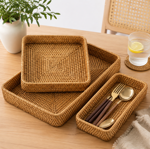 Organisateur de table en rotin naturel tressé, finition polie, compatible lave-vaisselle, porte-ustensiles pour table à manger, comptoir de cuisine - Product Image 1