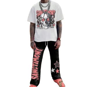 Y2K hommes crâne graphique t-shirt et étoile imprimé évasé survêtement deux pièces ensemble avec cordon de serrage taille respirant Streetwear survêtement - Product Image 1