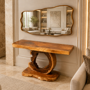 Mesa Consola de Madera Suar Sólida de Lujo Orgánica al por Mayor con Borde Natural y Base Anular Escultural para Uso en Vestíbulos de Hotel - Product Image 5