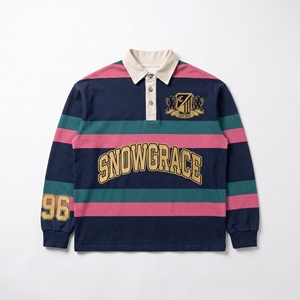 Chemise Snowgrace à rayures courtes respirante avec logo brodé, col en V, col rabattu, unisexe, adulte, coupe décontractée, toutes saisons - Product Image 1