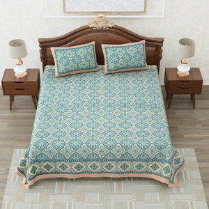 Elegant King Size Heritage Cotton Bedsheet Blue & Brown Mughal Inspired Print <b>Bed</b> Linen Set for Modern Bedroom Decor - Product Image 1