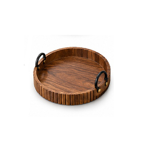 Plateau de rangement rond en bois, poignées noires, finition vernie, design minimaliste, plateau de table, plateau de rangement à un seul niveau - Product Image 1