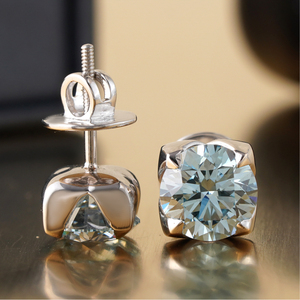 14K White Gold <b>Fine</b> <b>Stud</b> <b>Earrings</b> 3.29 CT Blue Round Lab Grown Diamond Cushion Bezel <b>Studs</b> - Product Image 2