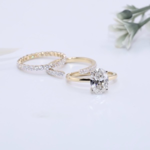 Yellow Gold Oval Cut Lab Grown Diamond Engagement <b>Ring</b> Set Three Piece <b>Stacking</b> Bands Eternity <b>Ring</b> Open Gap Wedding Band - Product Image 3